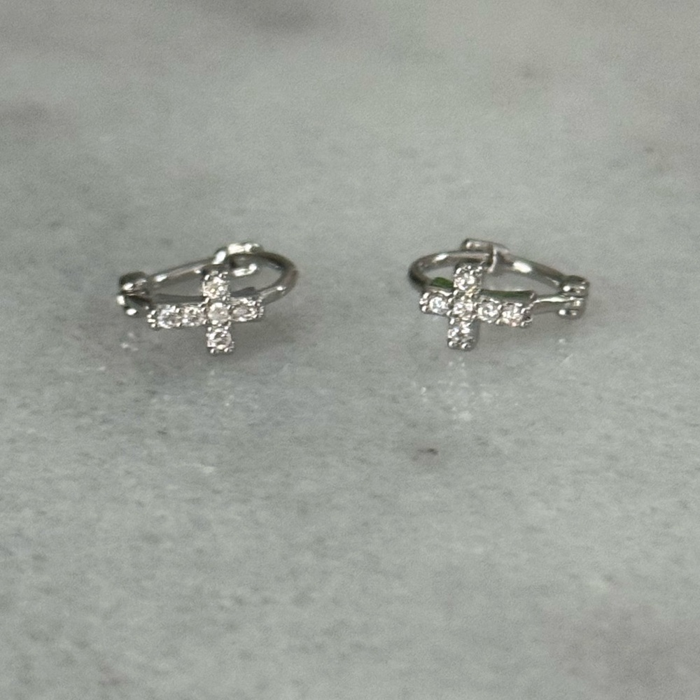 Silver Cross Crystal Small Huggie Hoop Earrings 

Brand New